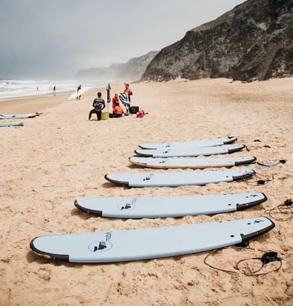 Surfboards layed out on a beach.